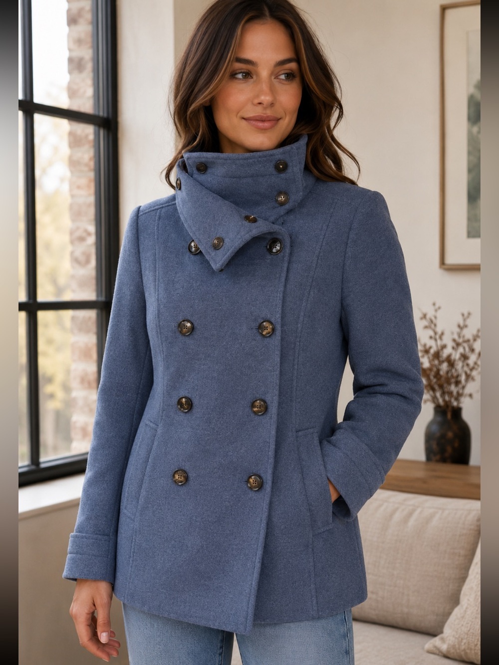 H&M Women’s Double-Breasted Pea Coat in Slate Blue New